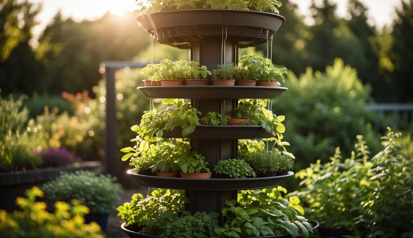 A flourishing Garden Tower 2 stands in a sunlit garden, with vibrant green plants growing in its stacked compartments. The tower is surrounded by a variety of herbs, fruits, and vegetables, showcasing the benefits of using this innovative gardening system