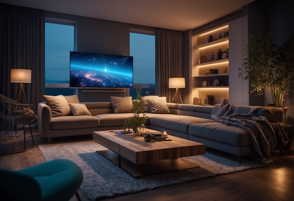 A cozy living room with Govee smart lights illuminating the space in various colors and intensities. The lights are synced to music, creating a vibrant and dynamic atmosphere