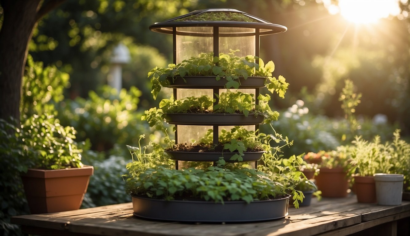 A Garden Tower 2 sits in a lush garden, surrounded by compost materials and thriving plants. The sun shines down on the sustainable gardening setup