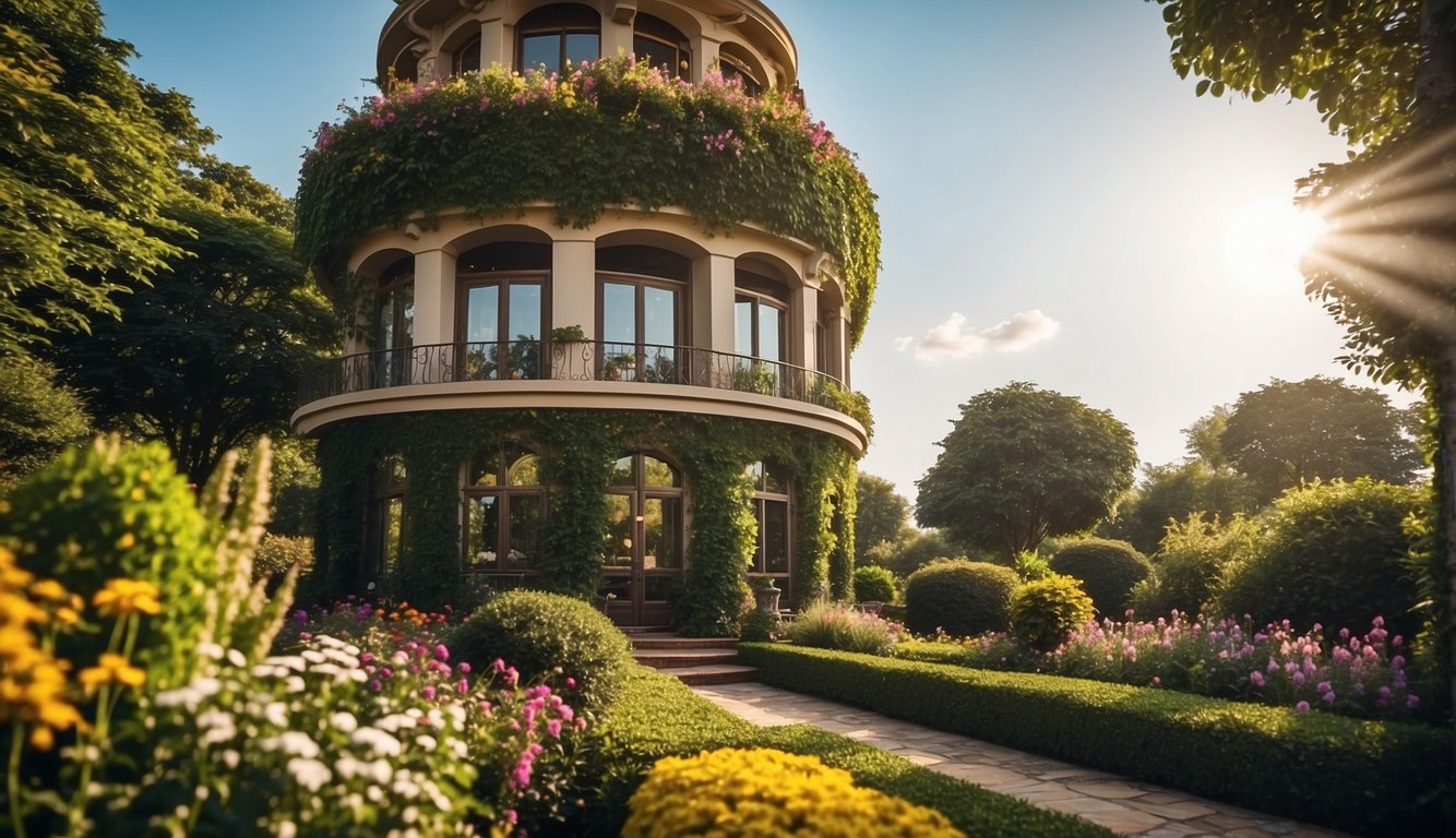 A Garden Tower 2 stands tall in a lush green garden, surrounded by vibrant plants and flowers. The sun shines down on the tower, highlighting its sleek design and functionality