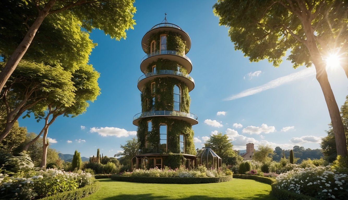 The Garden Tower 2 stands tall in a lush garden, showcasing its durability and warranty. It is surrounded by thriving plants, with a backdrop of blue skies and sunshine