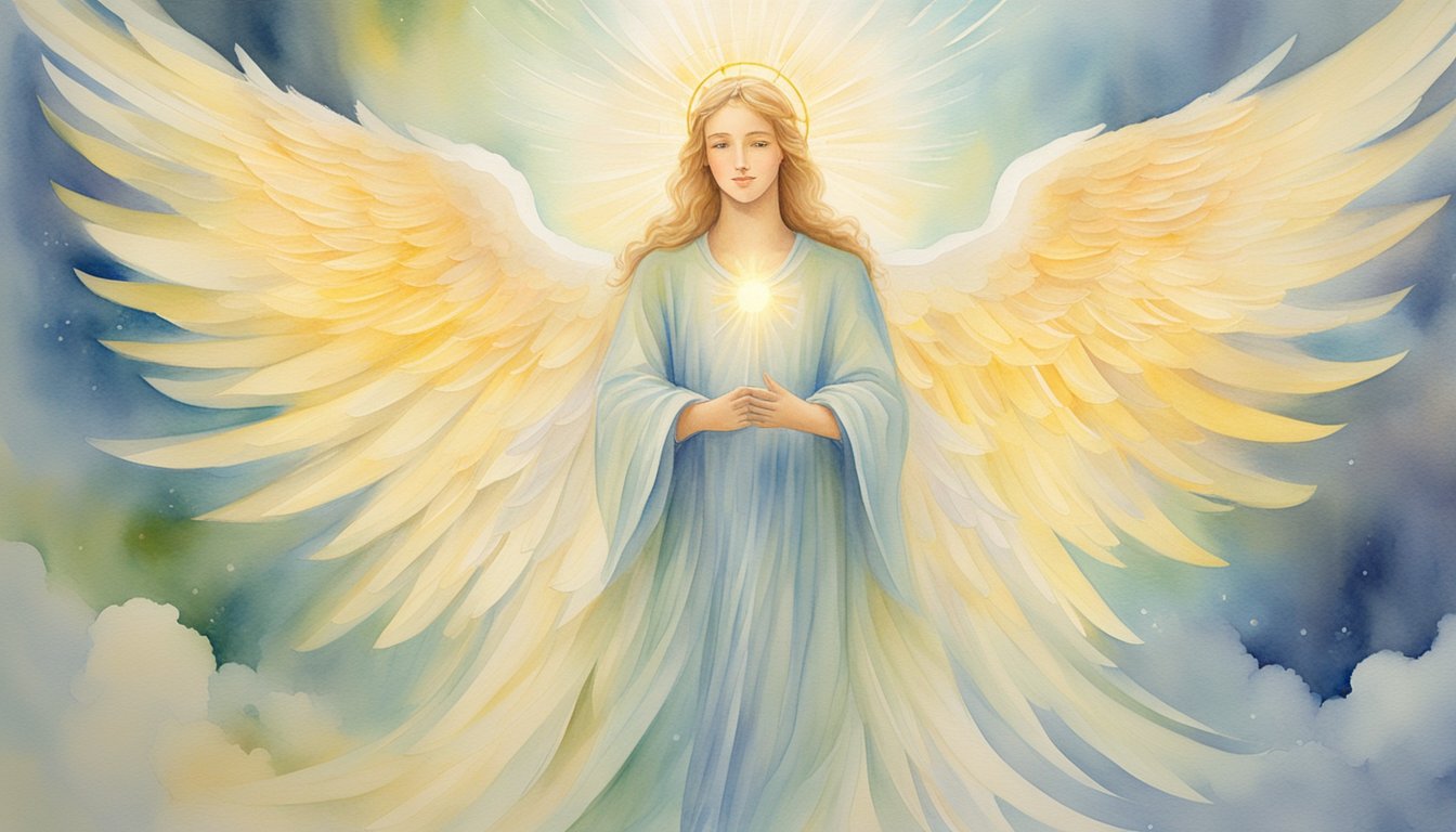 A glowing angelic figure surrounded by numbers 1002, with a halo and wings, radiating a sense of peace and guidance