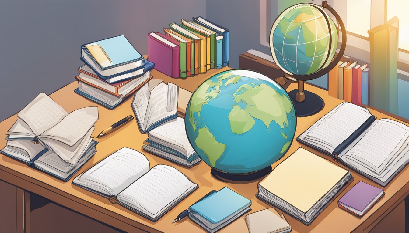 A collection of English learning books arranged neatly on a desk with a notebook and pen beside them. A globe and a set of colorful flashcards are placed nearby