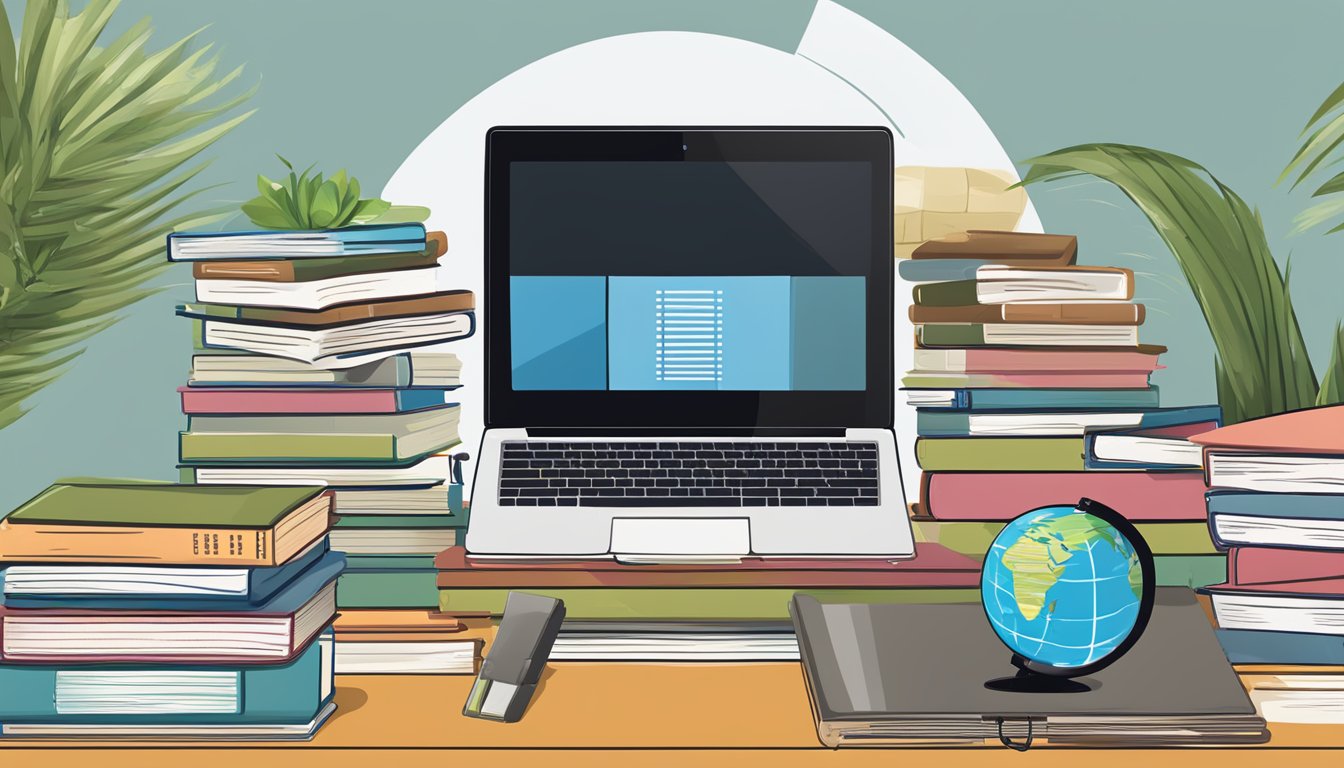 A stack of books with titles in English, a laptop open to a language learning website, and a globe on a desk
