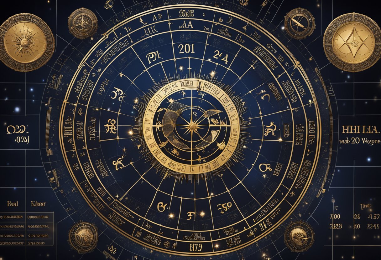 A zodiac chart with Donald Trump's astrological sign highlighted, surrounded by celestial symbols and a calendar showing the year 2024