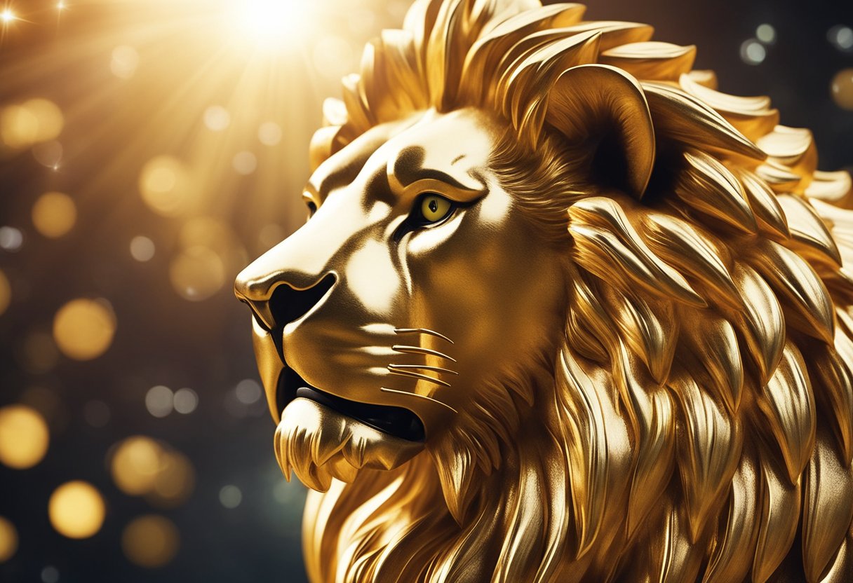 A golden sun shines above a lion, symbolizing power and leadership. Planets align in the sign of Gemini, indicating change and versatility