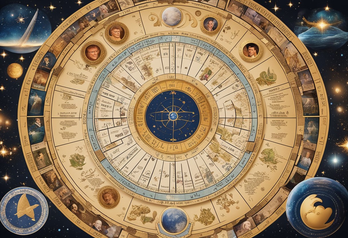 A celestial chart with Donald Trump's astrological sign prominent, surrounded by symbols of love and marriage, hinting at his potential remarriage in 2024