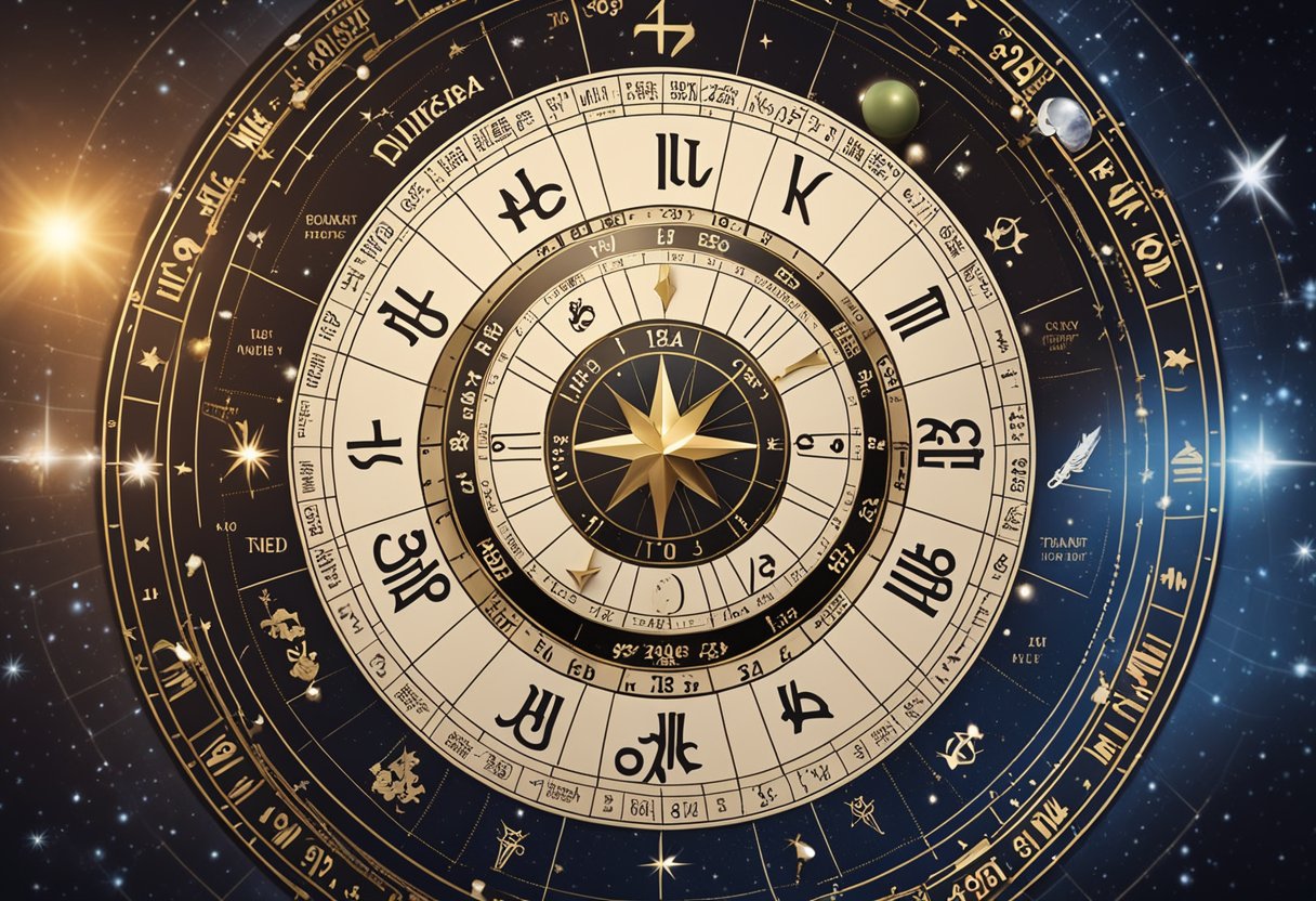 An astrological chart with Donald Trump's sign prominent, surrounded by celestial symbols and a calendar showing the year 2024