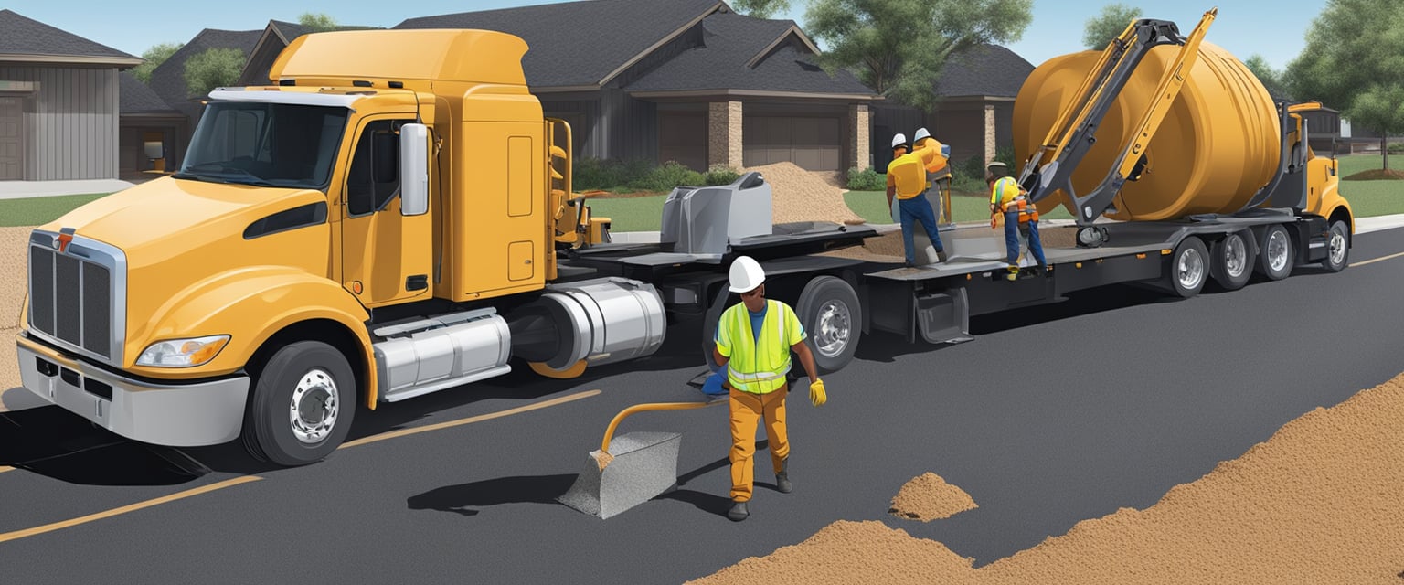 A contractor lays asphalt in Franklin, TX. Trucks, equipment, and workers are busy on the job site