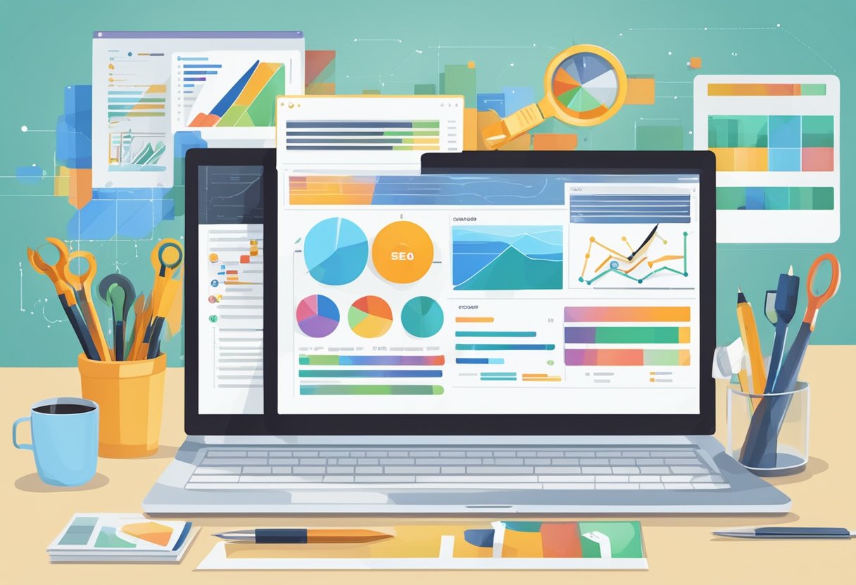 A computer screen displaying advanced SEO techniques with various tools and data charts