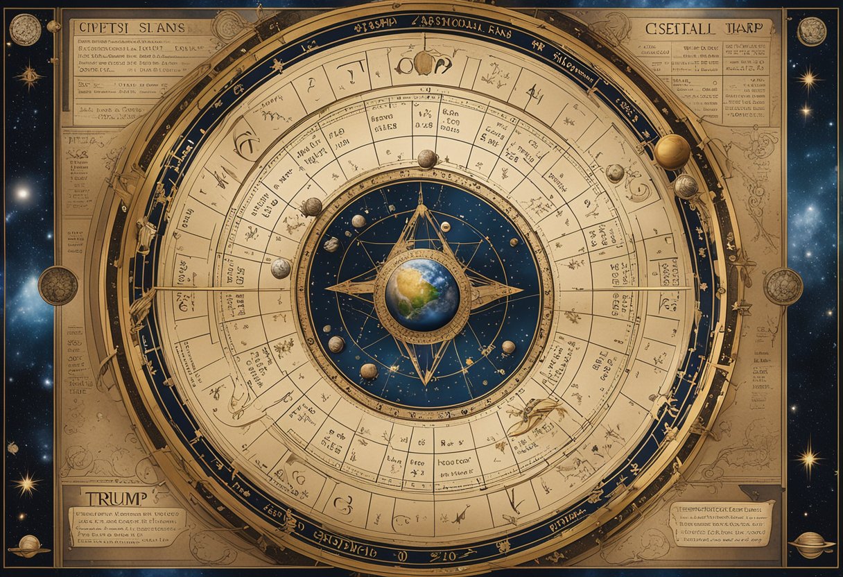 A celestial chart with Trump's astrological sign highlighted, surrounded by swirling stars and planets. The sign points to a specific date in 2024, emphasizing the clash between astrology and reality