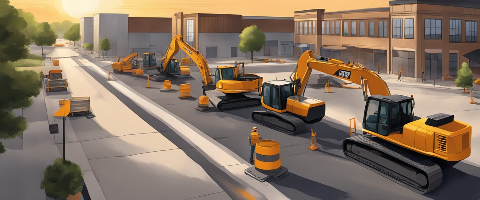 Sunrise over a construction site, with workers laying down fresh asphalt and heavy machinery in motion. Surrounding buildings show signs of wear, while the new pavement symbolizes growth and development in Franklin, TX
