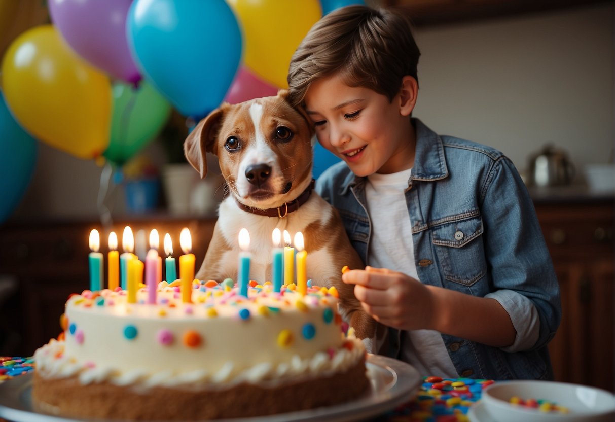 Colorful balloons and confetti surround a cheerful birthday cake with "Happy Birthday" written in bold letters. A mischievous puppy is playfully stealing a slice of cake while the son looks on with a big smile