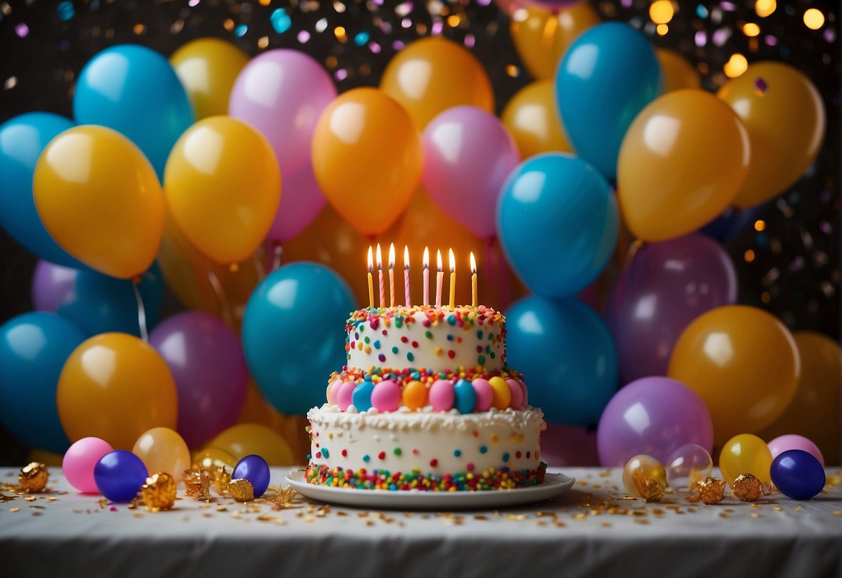 A colorful birthday cake with lit candles sits on a table, surrounded by balloons and confetti. A banner with the words "Happy Birthday" hangs in the background, conveying warm wishes for a bright future