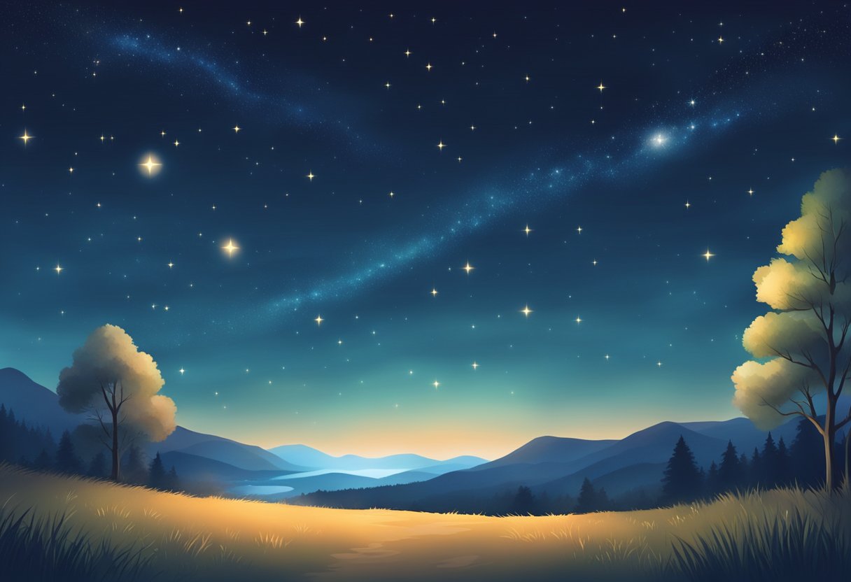 A serene night sky with stars shining brightly, a peaceful landscape with a small glowing light representing the act of praying