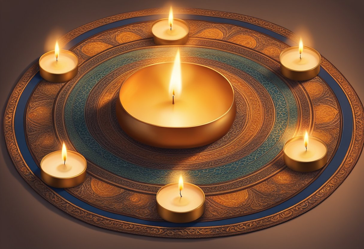 Candles arranged in a circle, casting a warm glow. A prayer rug laid out, ready for use. Incense burning, filling the air with a soothing scent