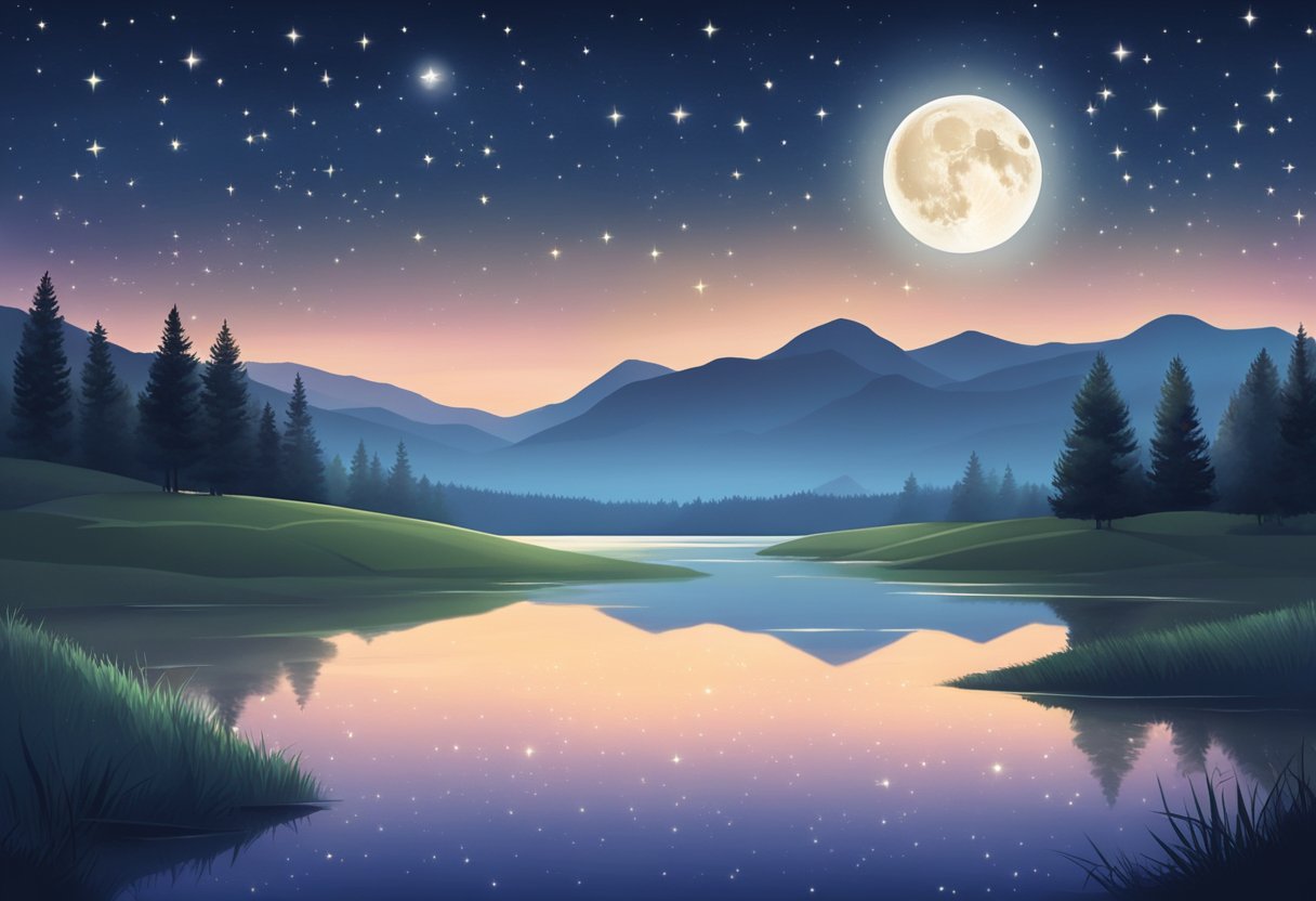 A serene night sky with bright stars and a full moon, surrounded by a peaceful landscape of rolling hills and a calm body of water