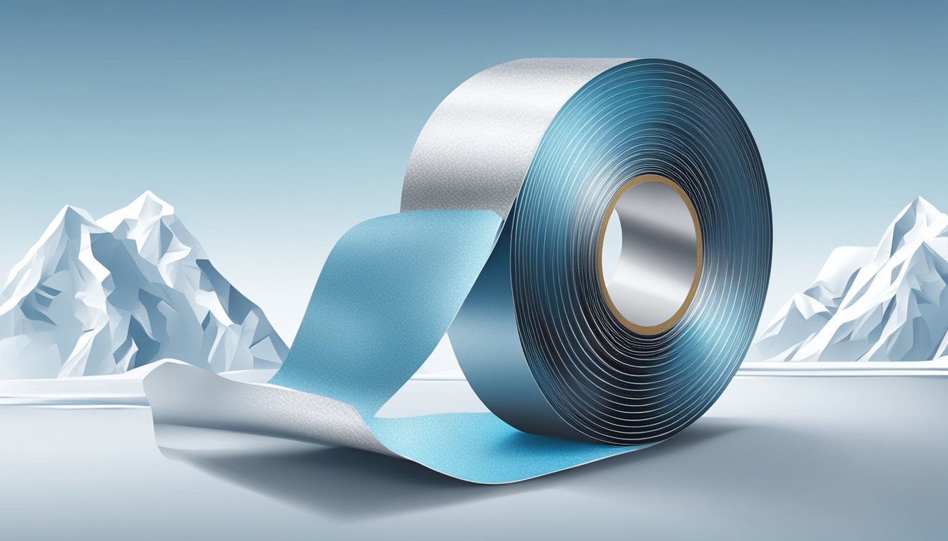 A roll of cold insulation aluminium foil tape unravels against a backdrop of icy blue and silver tones