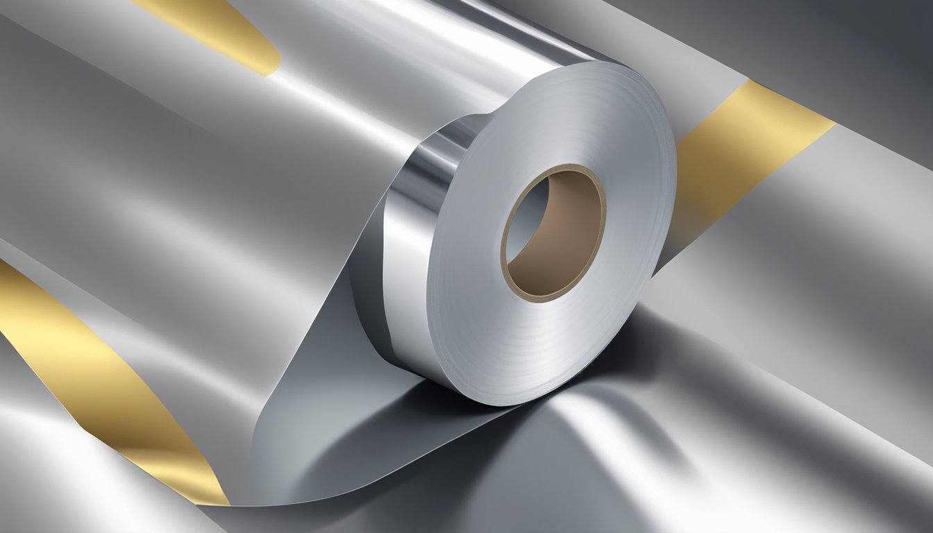 A roll of aluminium foil tape is being applied to a cold surface, effectively insulating it. The shiny surface of the tape reflects light, creating a contrast with the darker background