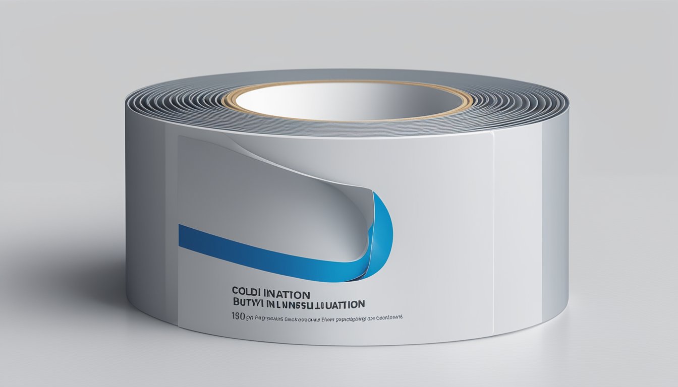 A roll of cold insulation butyl tape sits on a clean, white surface, with the product name and details clearly visible on the packaging