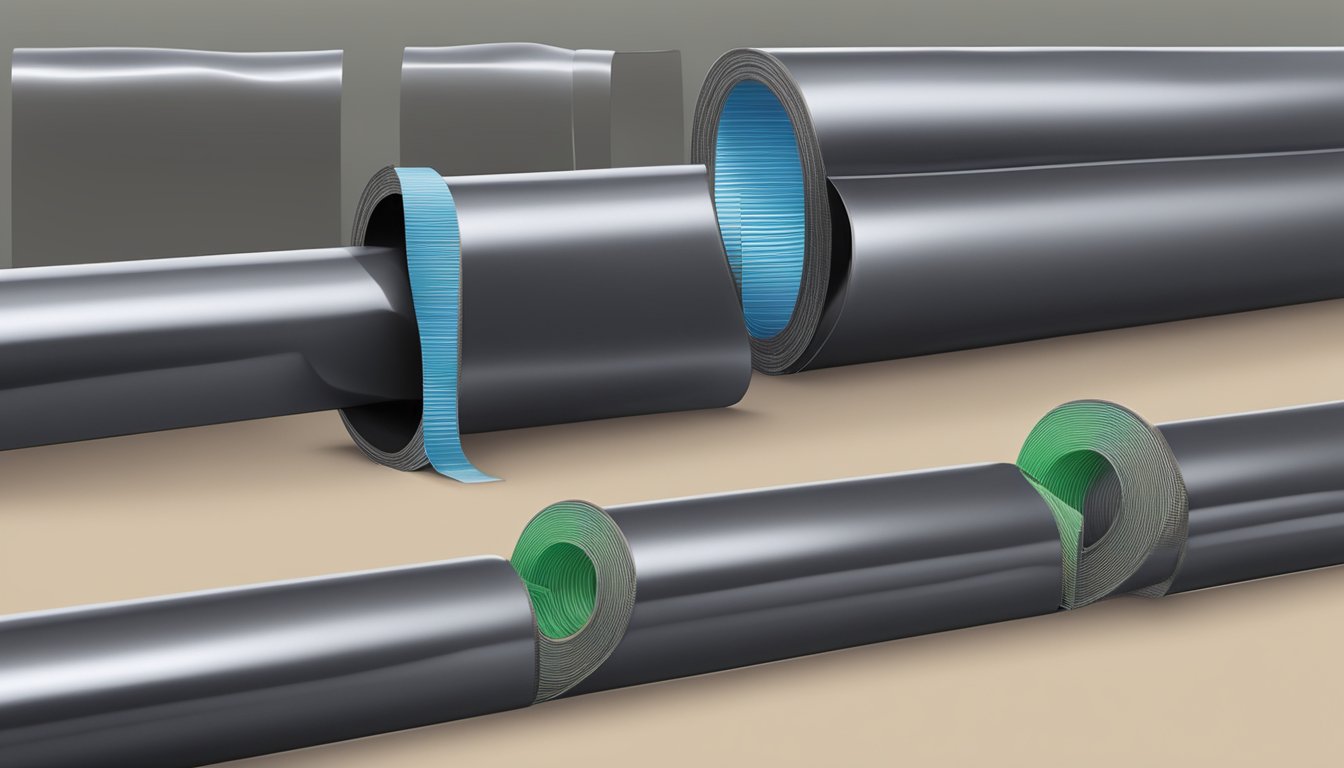 Butyl tape wraps around a pipe, sealing the cold insulation. The tape is thick and black, with a glossy finish
