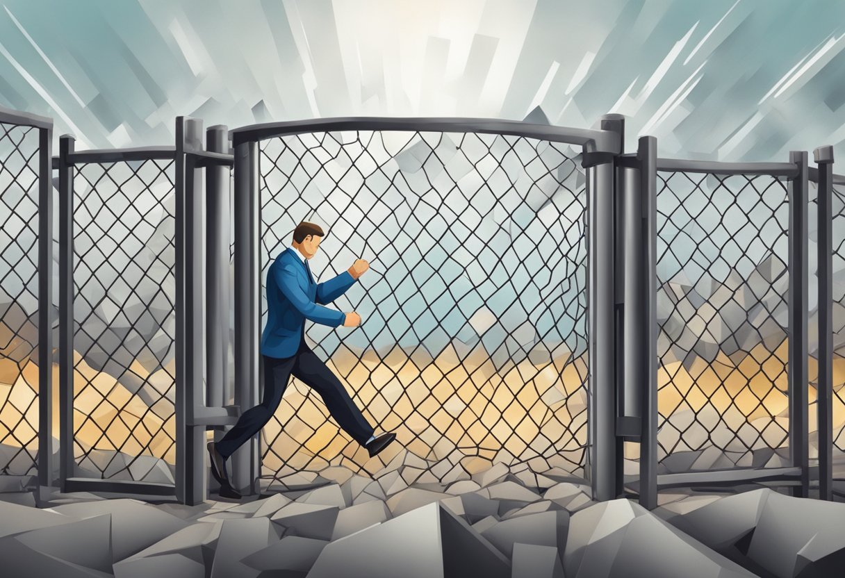 A powerful figure surrounded by barriers, breaking through with determination and strength