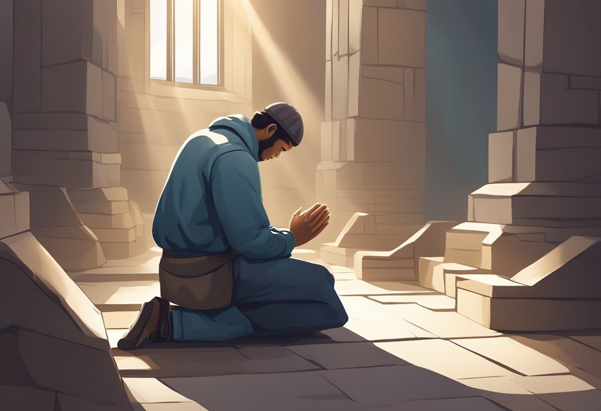 A person kneeling in prayer, surrounded by walls and obstacles. Light breaking through the barriers, symbolizing overcoming challenges
