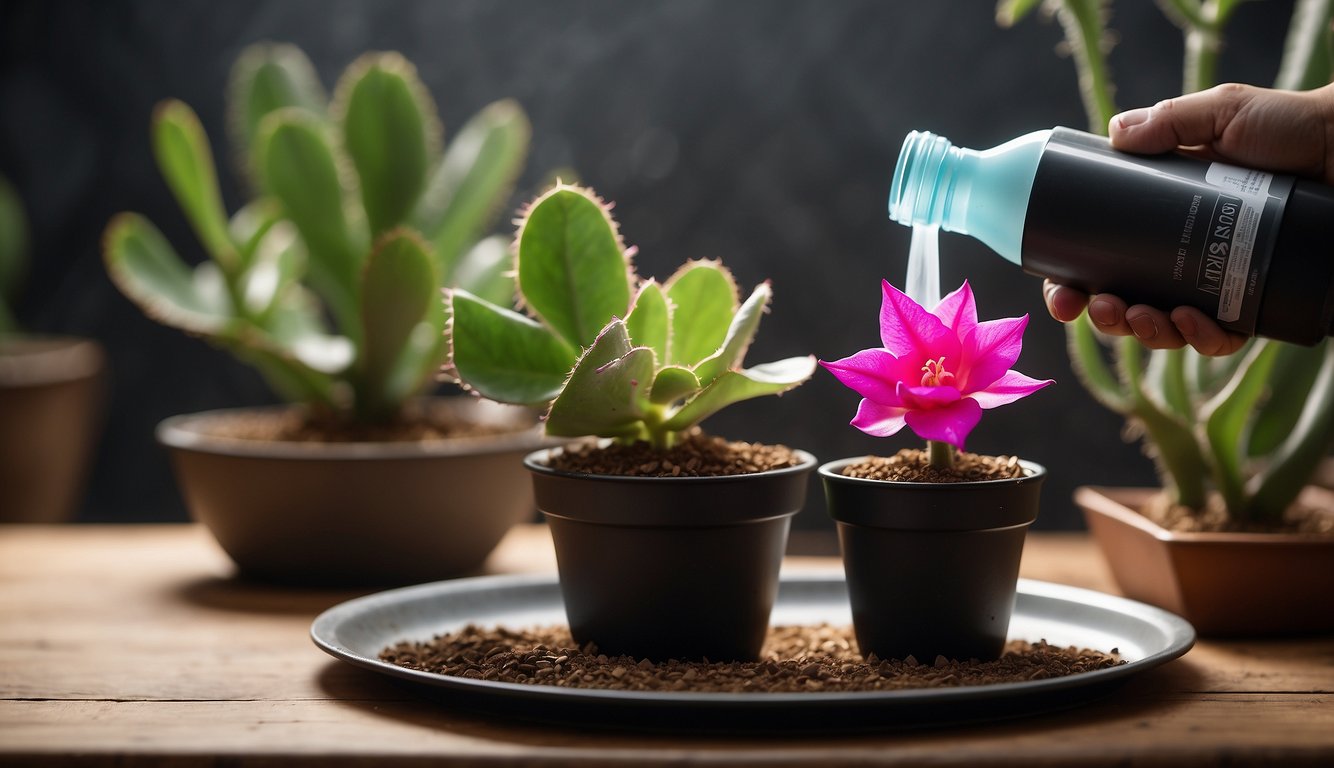 A hand holding a small pot with a Thanksgiving cactus cutting, surrounded by a tray of moist soil and a spray bottle for misting