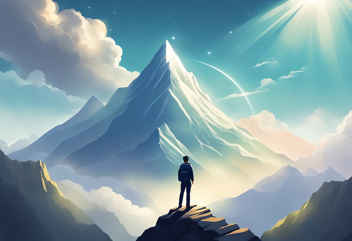 A person standing on a mountain peak, surrounded by clouds, with rays of sunlight breaking through the sky, symbolizing a breakthrough mindset
