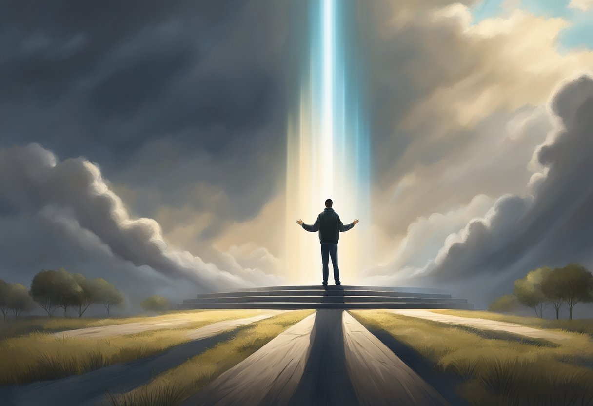 A figure stands before a towering barrier, hands raised in prayer. Light breaks through the clouds, illuminating the scene with hope and determination