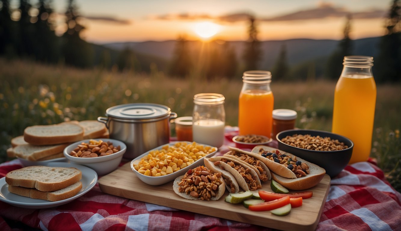 A campfire surrounded by various easy camping foods, such as hot dogs, marshmallows, canned chili, and granola bars, laid out on a picnic table