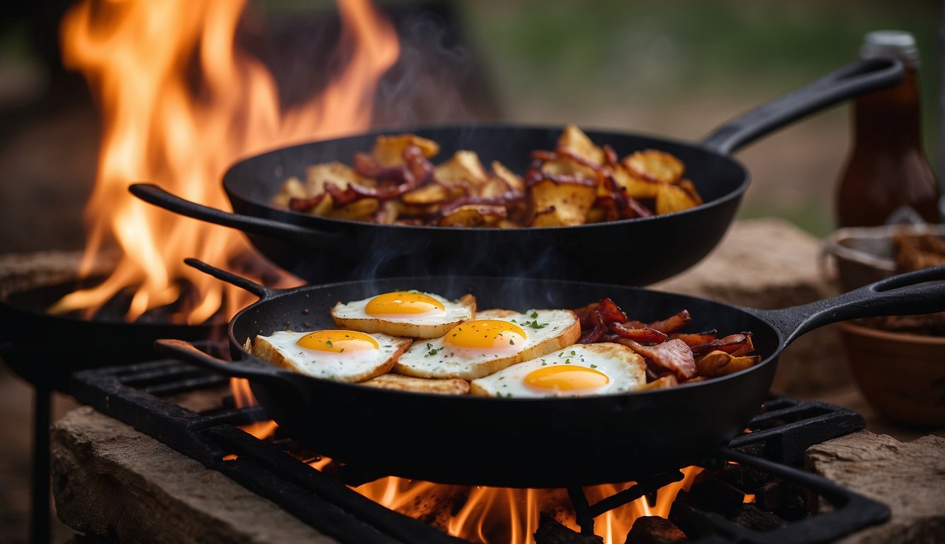 A crackling campfire illuminates a rustic outdoor kitchen, with a cast iron skillet sizzling with bacon and eggs, a pot of chili simmering, and a cooler filled with fresh produce and beverages nearby