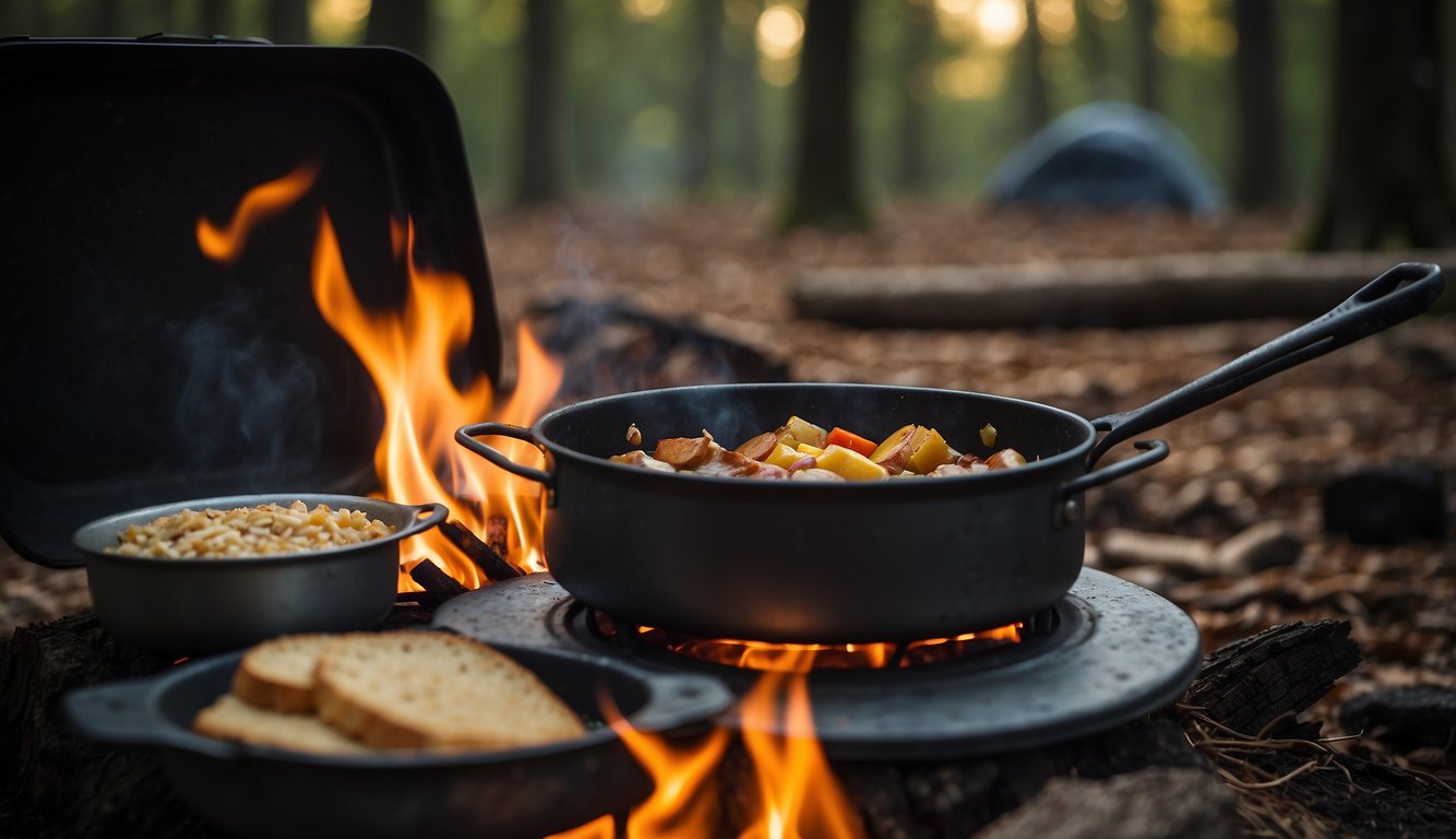 A campfire burns as a pot of stew simmers. A tin plate with a slice of bread sits nearby. A backpack leans against a tree