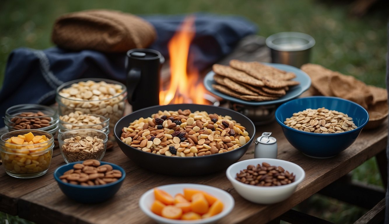 A campfire surrounded by various easy camping foods, such as trail mix, granola bars, and fruit, displayed on a picnic table