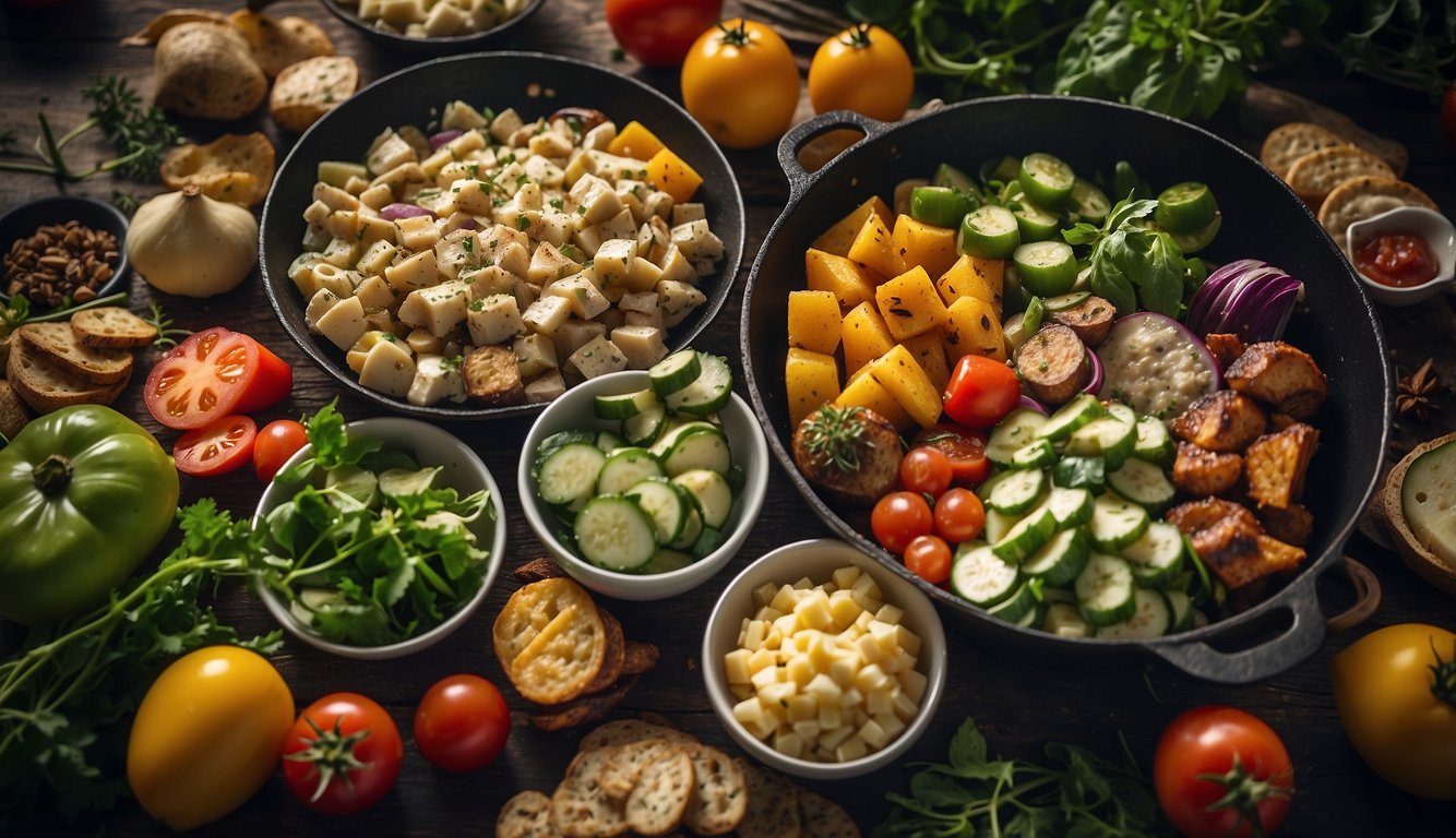 A campfire surrounded by various easy camping foods from Sides and Salads Top 20 list, including grilled vegetables, fruit salad, and potato salad