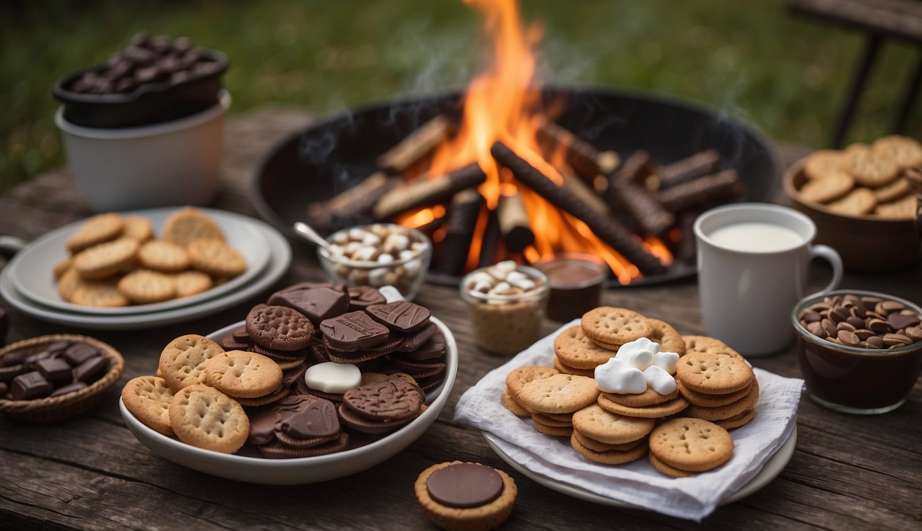A campfire surrounded by various sweet treats and desserts, including s'mores, marshmallows, and chocolate bars. A picnic table displays a variety of easy camping foods