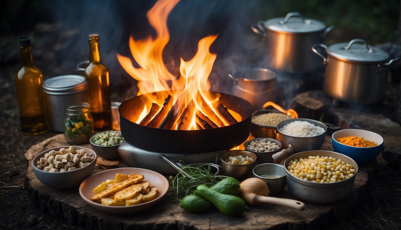 A campfire surrounded by various cooking utensils and ingredients, with a list of "Specialty Camping Concoctions Top 20" displayed prominently