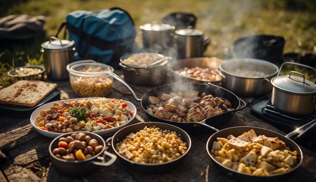 A campfire surrounded by various non-perishable foods and camping cookware. A cooler filled with ice and pre-prepared meals. A picnic table with a spread of easy, no-cook camping meals