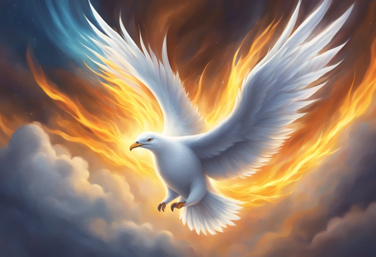 A powerful Holy Ghost fire descends from the heavens, engulfing the surroundings in a brilliant, purifying light. The flames dance and flicker, radiating intense spiritual energy