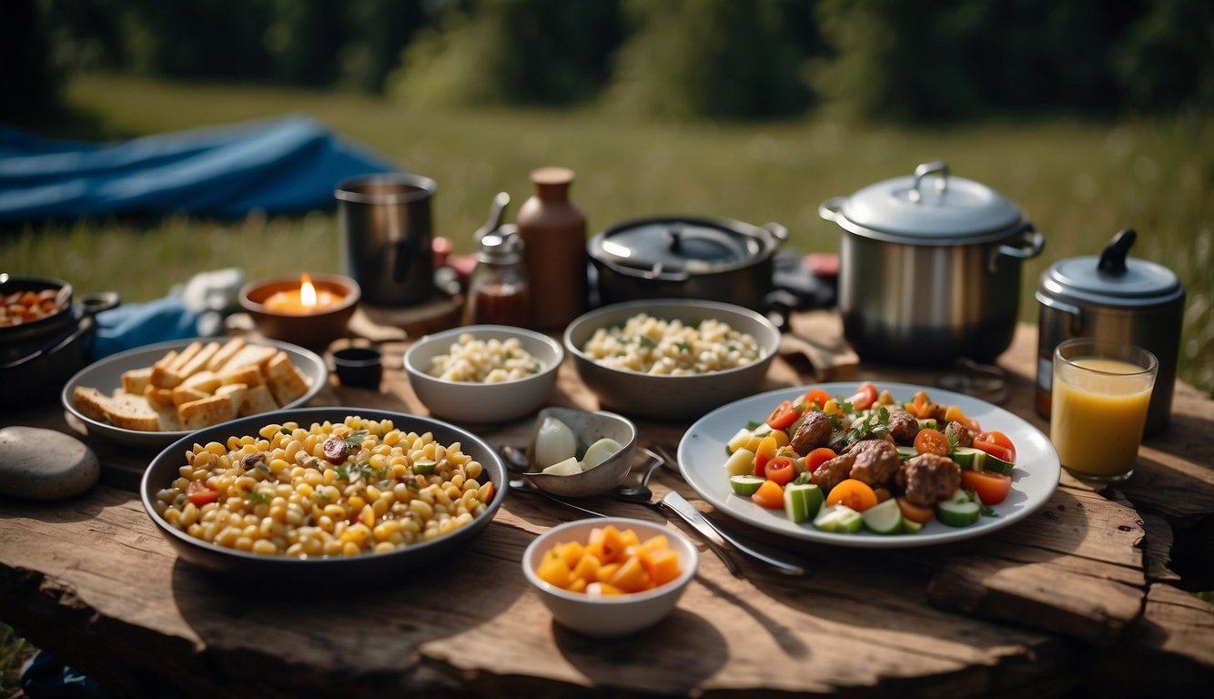 A table with a list of 20 easy camping foods, surrounded by camping gear and a campfire in the background