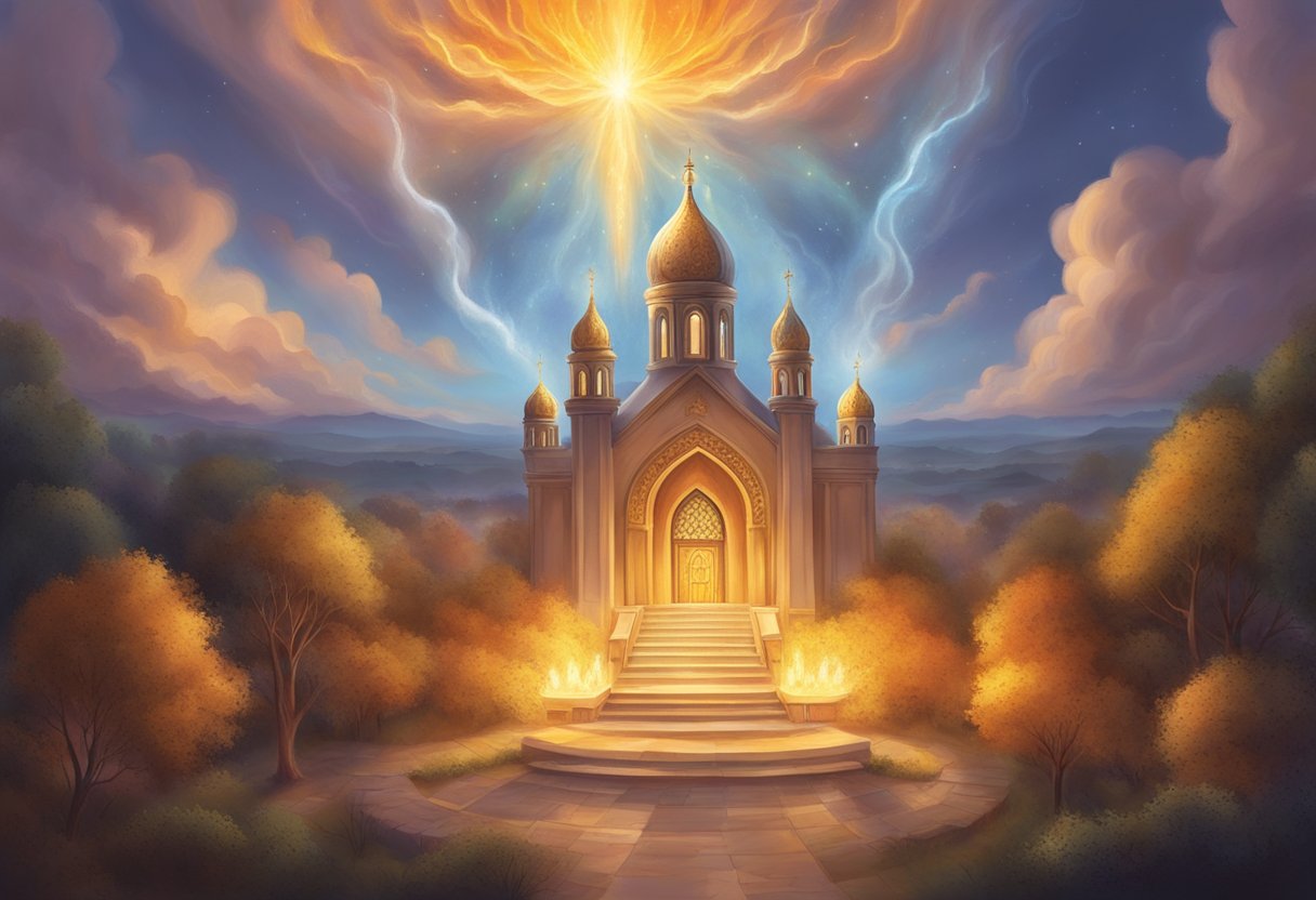A fiery, glowing presence surrounds a place of prayer, emanating power and holiness. The air crackles with spiritual energy, igniting hearts and minds with divine fervor