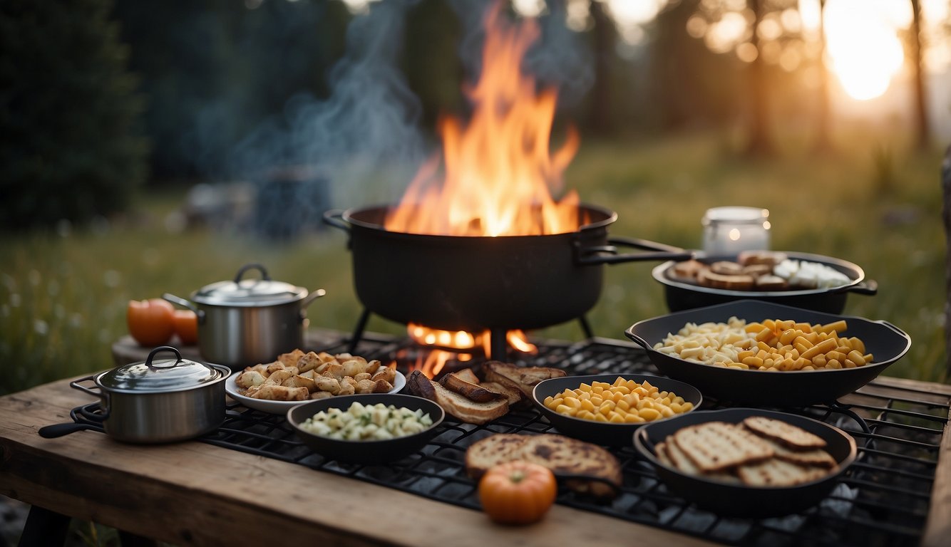 A campfire surrounded by essential outdoor cooking gear and a variety of easy camping foods laid out on a table