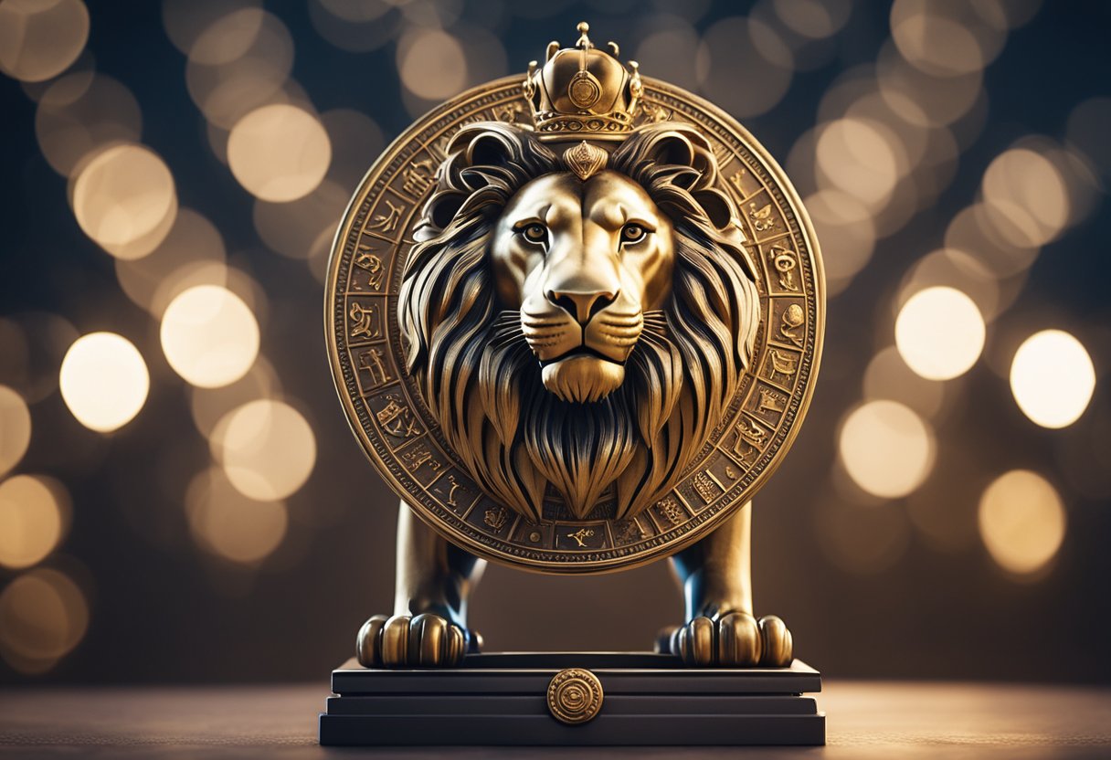 A lion symbolizing Leo, with a crown and a confident stance, surrounded by a circle of zodiac signs, representing the influence of astrology on personality and leadership