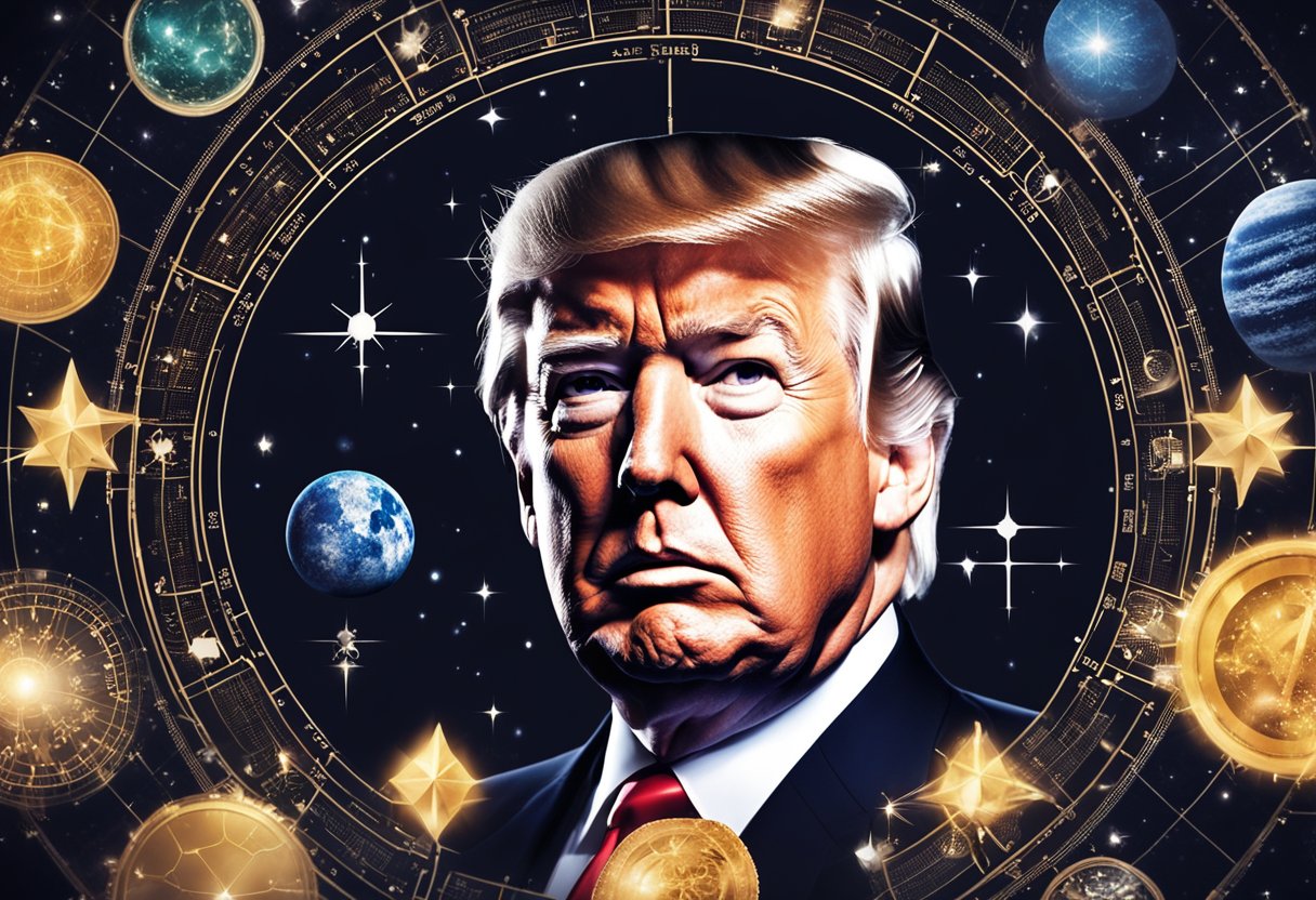Donald Trump's astrological sign influences his political strategies. Illustrate him consulting astrological charts and planning campaign events accordingly