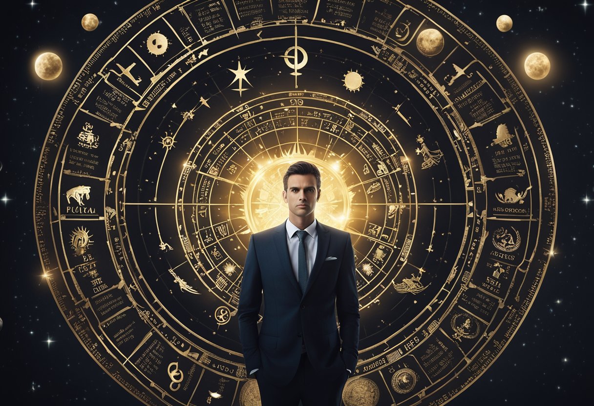A man in a suit stands before a crowd, surrounded by symbols of power and authority. Planetary alignments and zodiac signs are depicted in the background, hinting at the influence of astrology on political decision-making