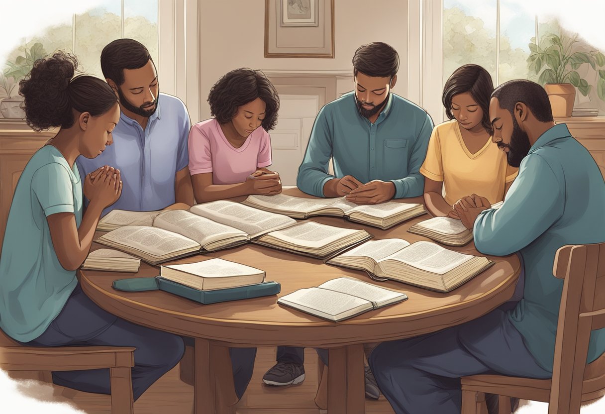 A family gathers around a table, heads bowed in prayer. A Bible is open, with highlighted verses visible. A sense of gratitude and reverence fills the room