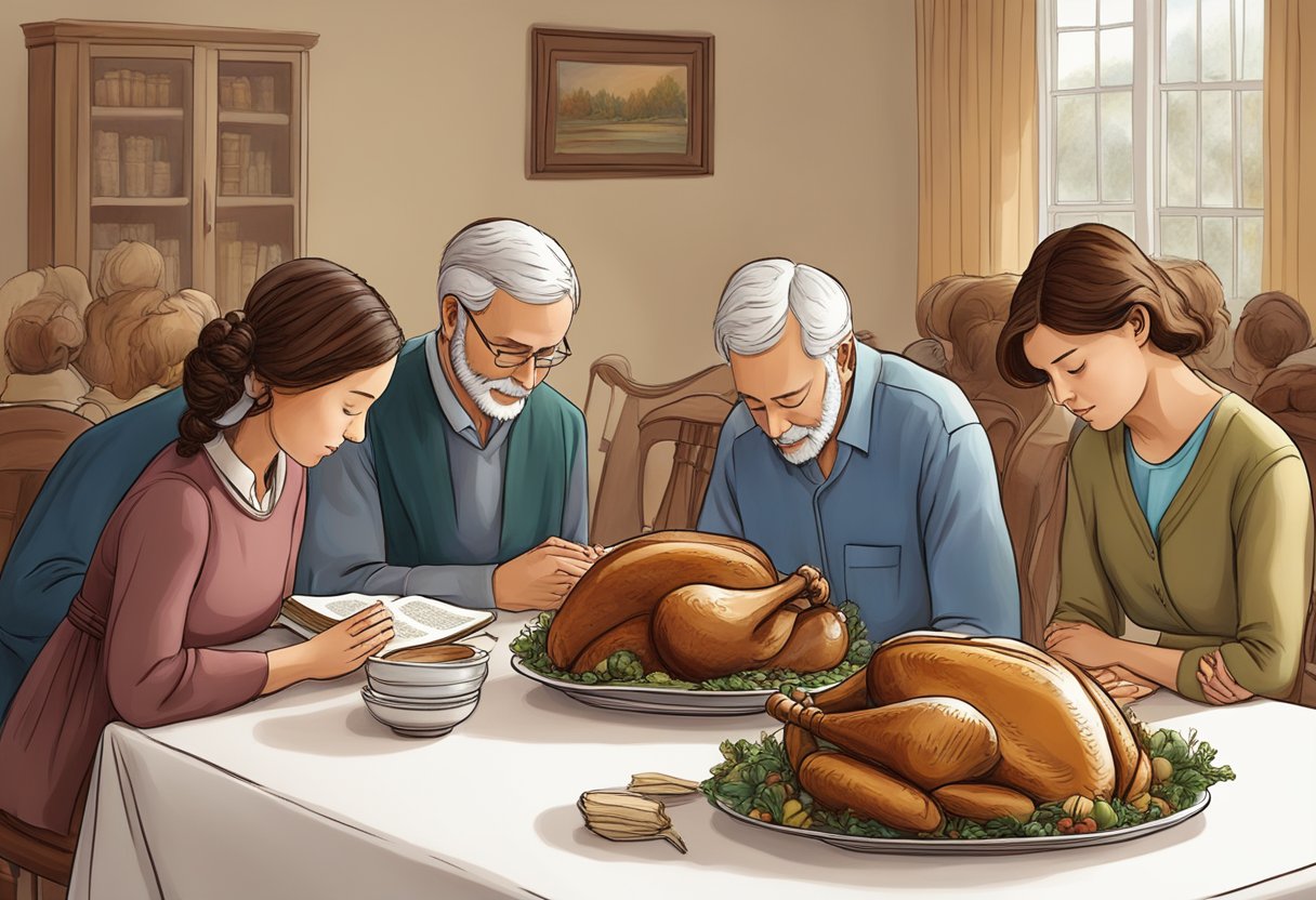 A family gathers around a table, heads bowed in prayer, giving thanks for blessings. A Bible sits open, displaying verses about gratitude and thanksgiving