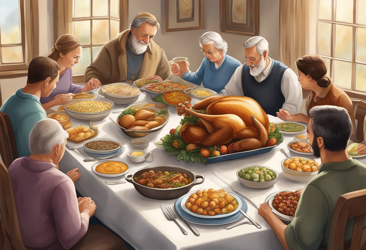 A table set with a bountiful Thanksgiving feast, surrounded by family and friends in prayer, with a Bible open to relevant verses