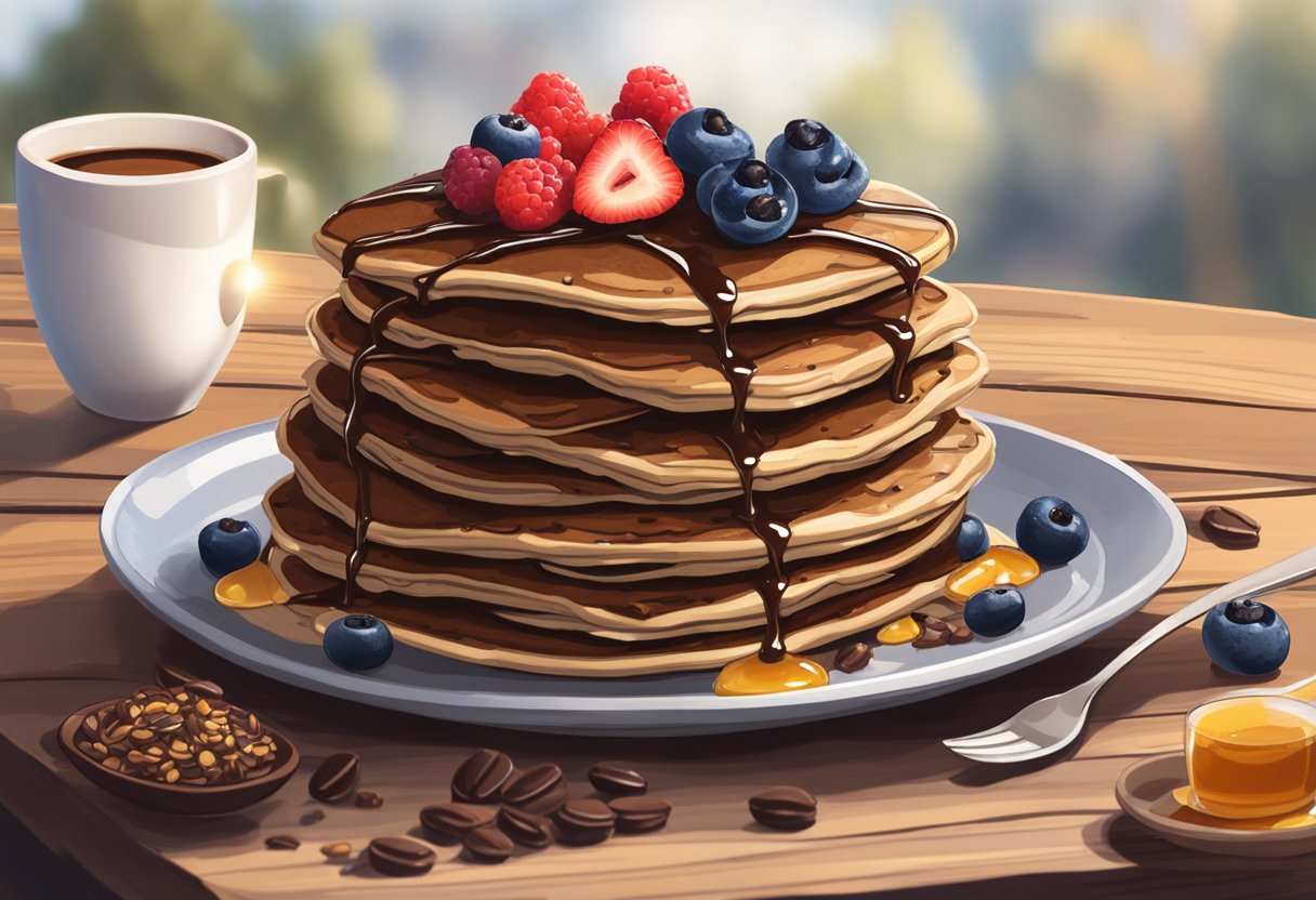 A stack of dark chocolate oatmeal pancakes, topped with fresh berries and drizzled with honey, sits on a rustic wooden table, surrounded by a scattering of cacao nibs and a steaming cup of coffee