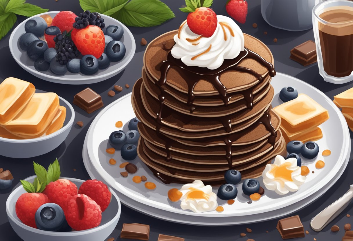 A stack of dark chocolate oatmeal pancakes with maple syrup and a dollop of whipped cream on a white plate, surrounded by fresh berries and a sprinkle of cocoa powder